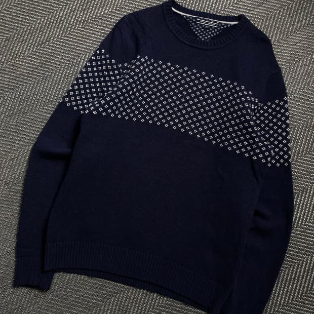 타미힐피거 패턴 라운드넥 니트 네이비y 4555