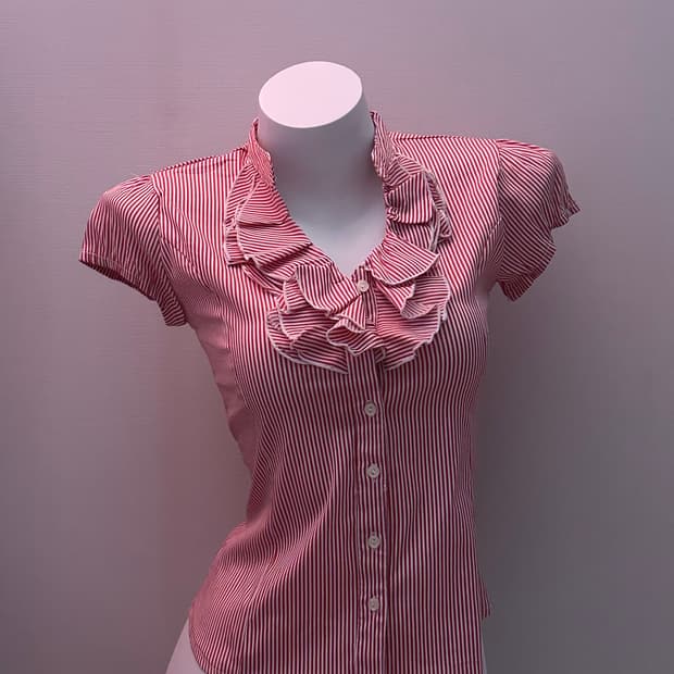 빈티지 프릴 반소매 스트라이프 블라우스