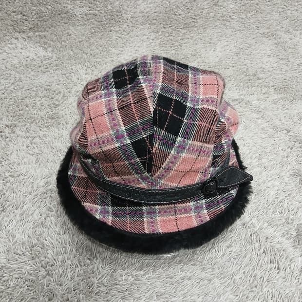  체크 살구핑크 털모자 57cm