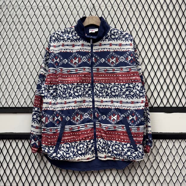 90s 리복 올드스쿨 바람막이 트라이벌 패턴 디테일 네이비 배색