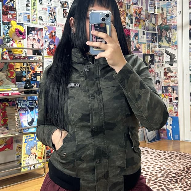 빈티지 밀리터리 카모 코튼 하이넥 블루종 집업