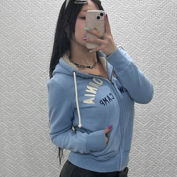 후아유 Y2K 여리 파스텔 블루 폭닥 양털 후드집업 S C06859