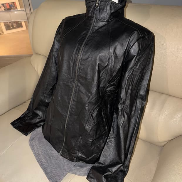 high-neck line detail leather jacket