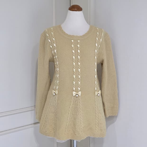 일본빈티지)모리걸st 리본레이스 하찌케이블 로맨틱히메갸루 엑팜깔 긴팔니트