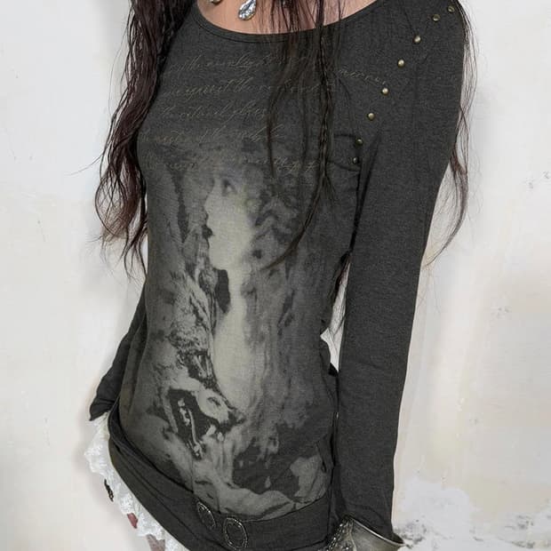 더블펀치 페어리테일 프린트 레이스 롱슬리브 탑