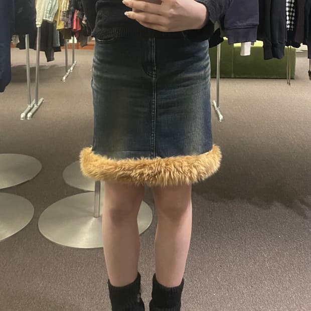 S)Clio Jeans 빈티지 퍼 트리밍 데님 스커트