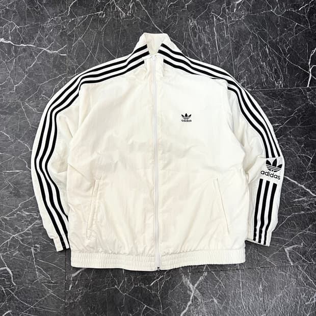 여성용 아디다스 삼선 화이트 나일론 우븐 학업 바람막이 자켓 