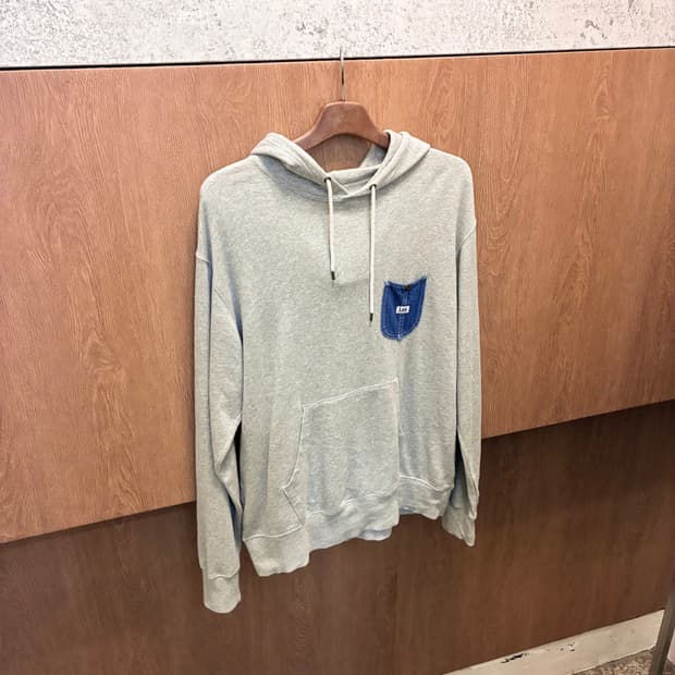 리 후드 티셔츠 데님 포켓 로고 패치 오버핏 디테일 그레이 k524