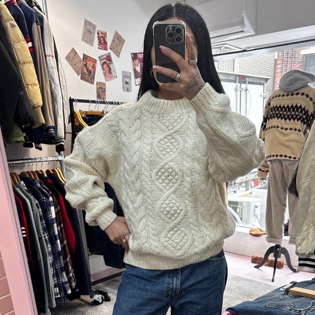 빈티지 아이보리 피셔맨 울 니트M-L