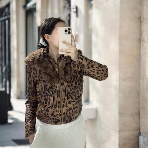빈티지 레오파드 래빗퍼 양가죽자켓