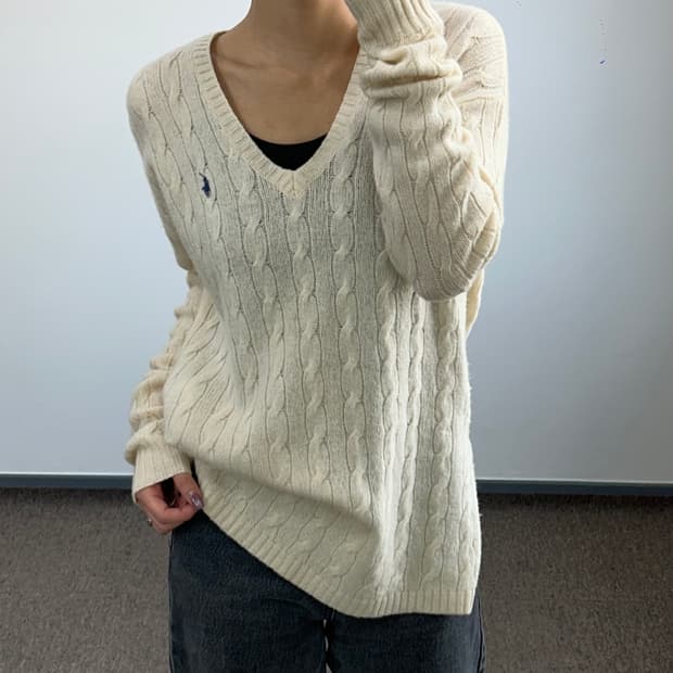Polo 폴로 네이비포니 아이보리케이블니트