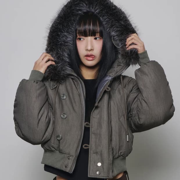 슬릭글로우 크롭 퍼 후드 패딩 점퍼 카키