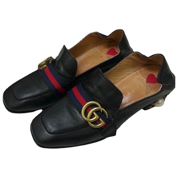 구찌 레더 GG 펄스터드 마몽 진주 미드힐 여성 로퍼 37