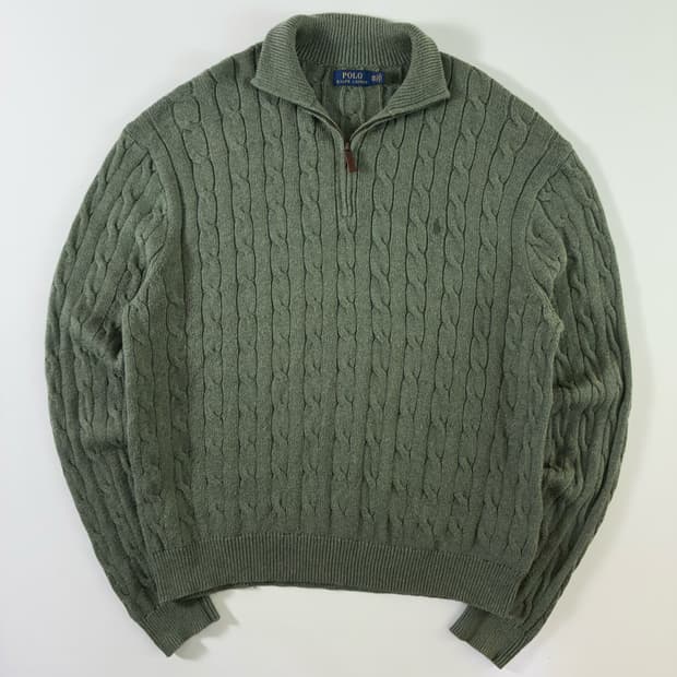 Polo  폴로 랄프로렌 자수 코튼 카키 반집업 꽈배기 니트 