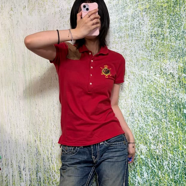 폴로 빅포니 치프키프 와펜 자수 로고 가죽패치 레드 카라 반팔 티셔츠 M