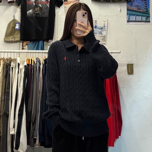 유에스폴로어센 자수 네이비 꽈베기 니트 XL