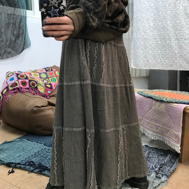 빈티지 여성 레이스 디테일 밴딩 린넨 스커트 