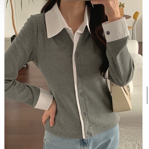 리리앤코 골지 레이어드 카라 셔츠 가디건