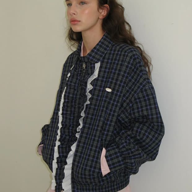 론론 자켓 VINTAGE RUFFLE BLOUSON GREEN CHECK
