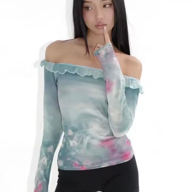 y2k 갸루 시스루 타이다이 프릴 오프숄더 메쉬 블라우스 긴팔 티셔츠