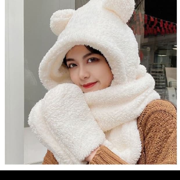 뽀글이 곰돌이 후드 머플러 겨울목도리 아이보리