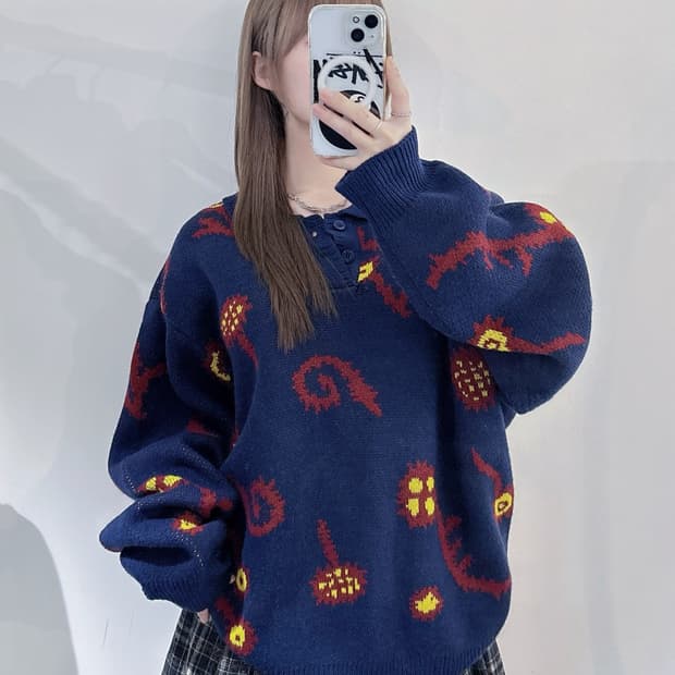 오베이 패턴 카라넥 니트