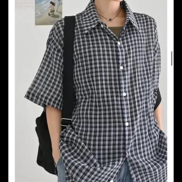 러브앤드팝 오버핏 반팔 체크셔츠
