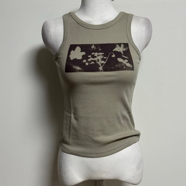 플라워 프린팅 나시 카키 