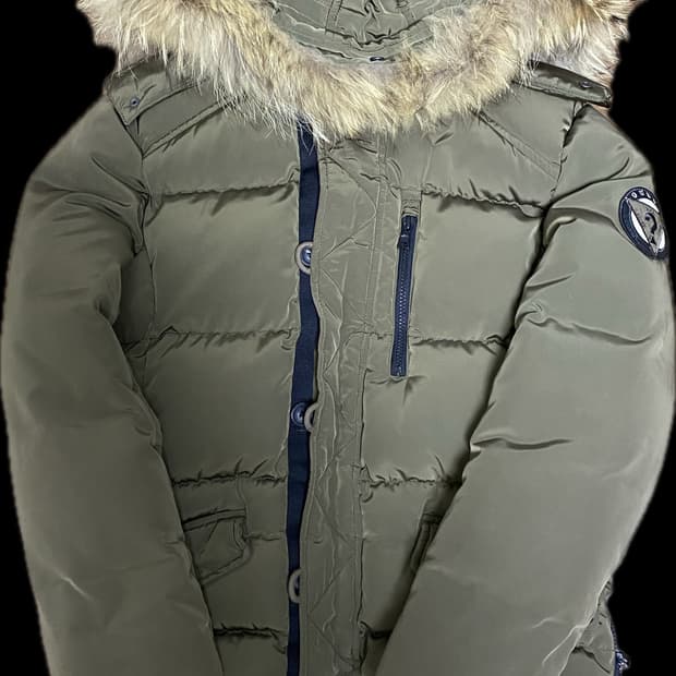 게스 퍼 후드 패딩 점퍼 카키