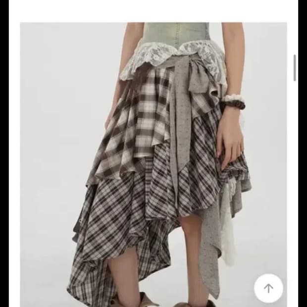 반셀 레이어드 체크 미디 언발 스커트 밴딩스커트 체크치마 언발란스