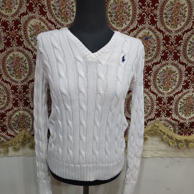 폴로 랄프로렌 화이트 케이블 피마코튼 브이넥 니트
​
