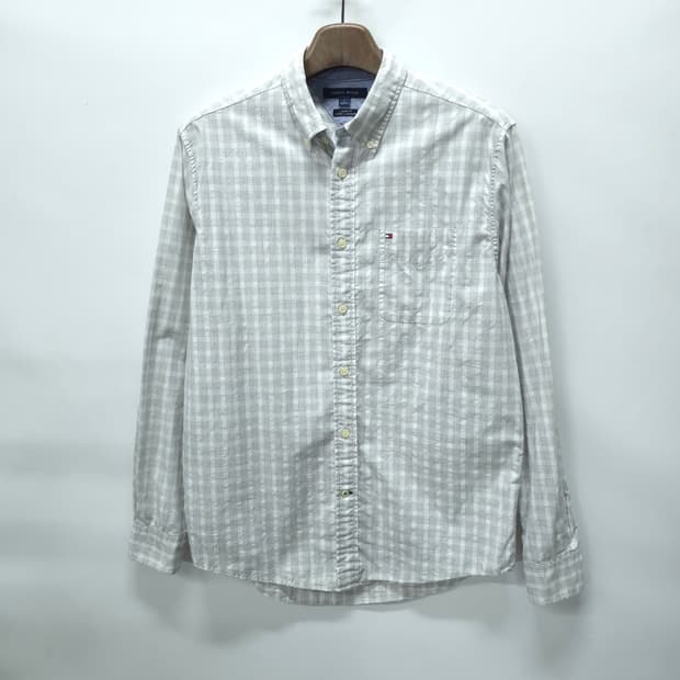 타미힐피거 화이트 그레이 체크 긴팔 셔츠