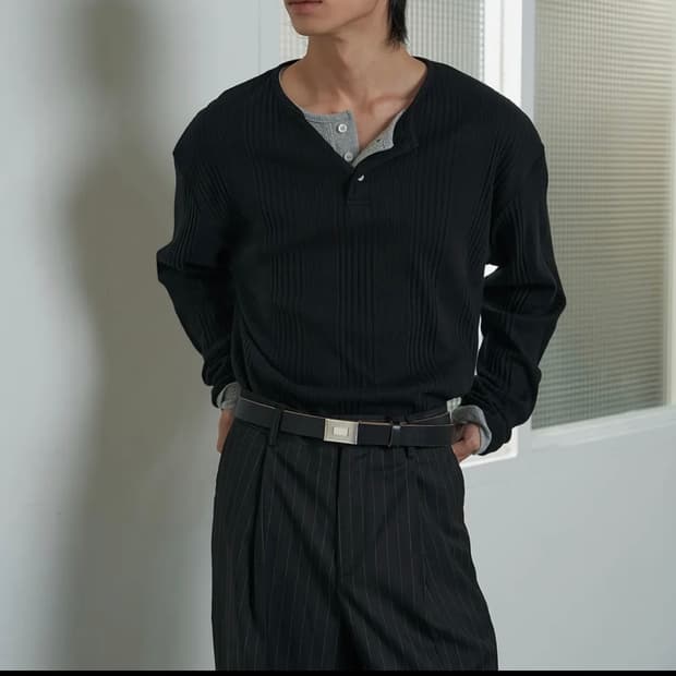 (새상품) 주앙옴므 헨리넥 롱 슬리브 티셔츠 (블랙)