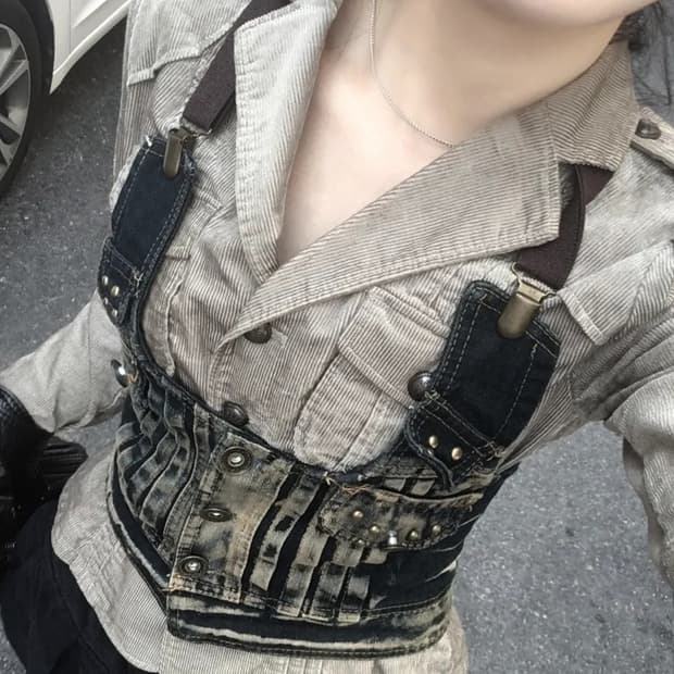 데님 빈티지 베스트 상의 set