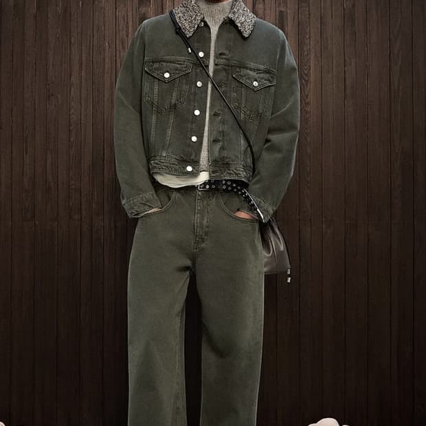 자라 나누시카 와이드 레그 크롭 카키 데님 