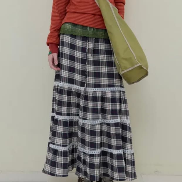 노컨텐츠 체크 캉캉 롱스커트 