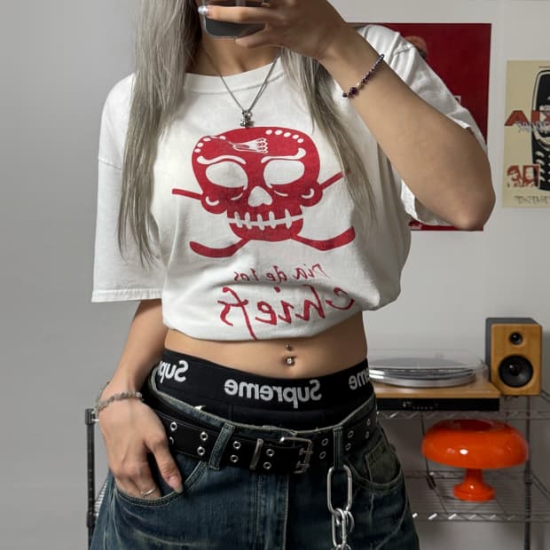 Vintage Chief 스컬 화이트 반팔 티셔츠