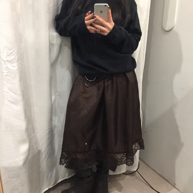 JPN Vintage 브라운 새틴 레이스 슬립 스커트