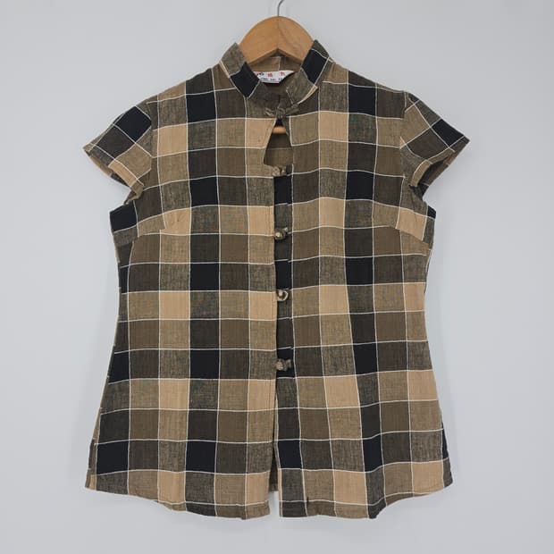 체크 차이나넥 린넨 블라우스