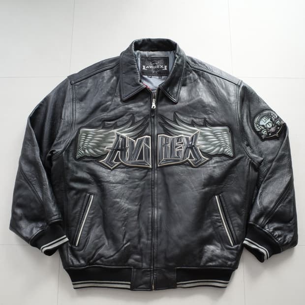 00s 아비렉스 AVIREX USA 스컬 윙 로고 레더 바시티 자켓