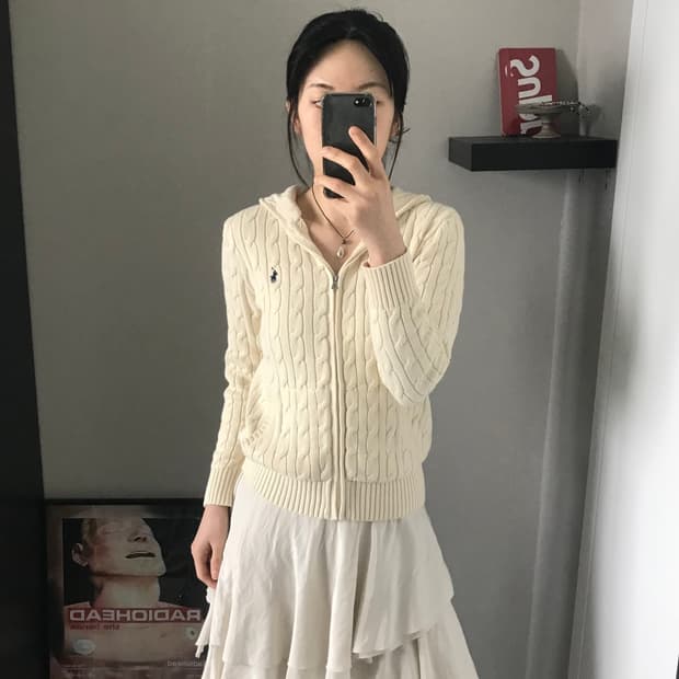 폴로 랄프로렌 포니 로고 화이트 케이블 니트 후드집업