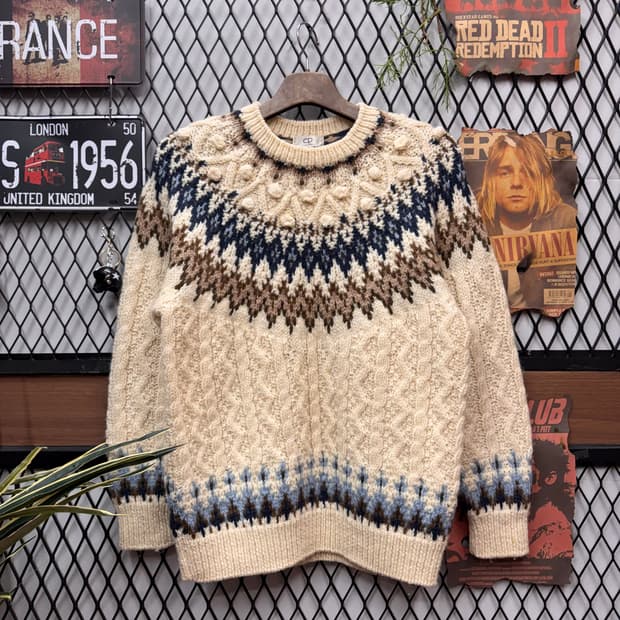 JPN VINTAGE 울 니트 노르딕 패턴 아이보리