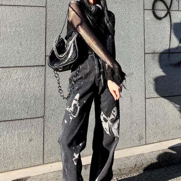팬시클럽 블린더 나비 프린팅 오버핏 흑청 데님팬츠 M