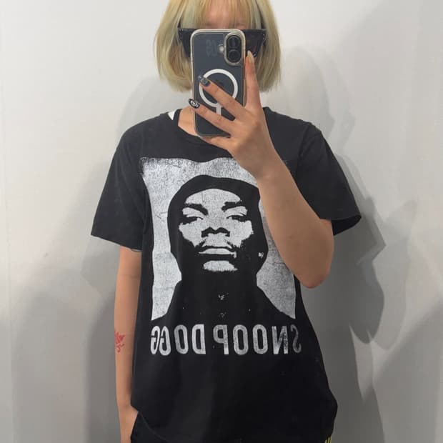 S 스눕 독 빈티지 프린팅 블랙 반팔 티셔츠