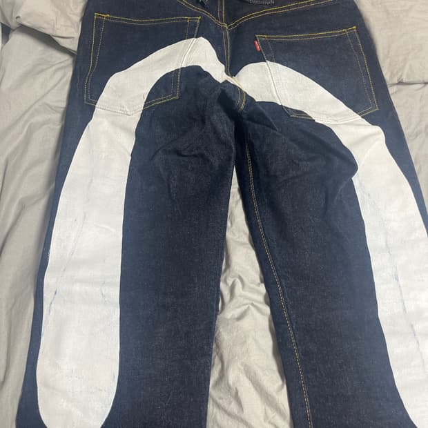 에비수 빅 다이콕 프린트 신치백 데님 팬츠