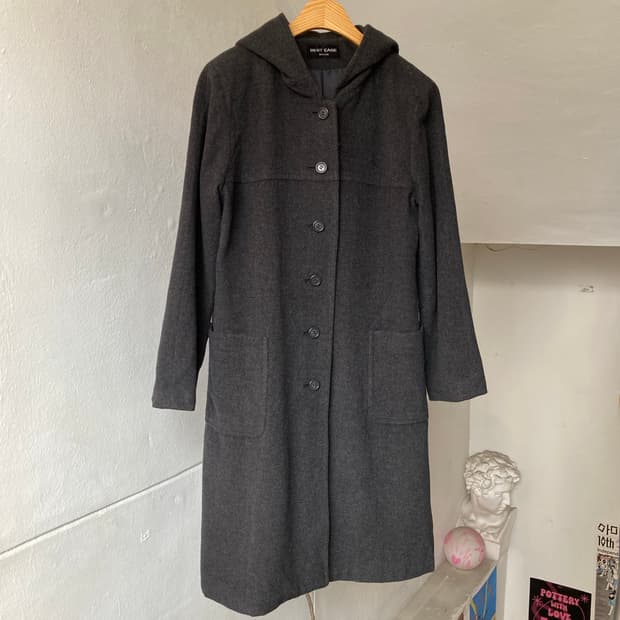 울 캐시미어 다크그레이 후드 코트