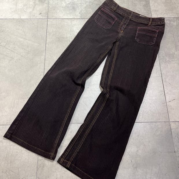 일본 빈티지 레드 스티치 스트라이프 세미 부츠컷 코튼 팬츠