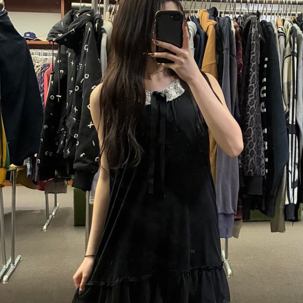 3L)Japanese vintage 블랙 레이스 디테일 나시 원피스