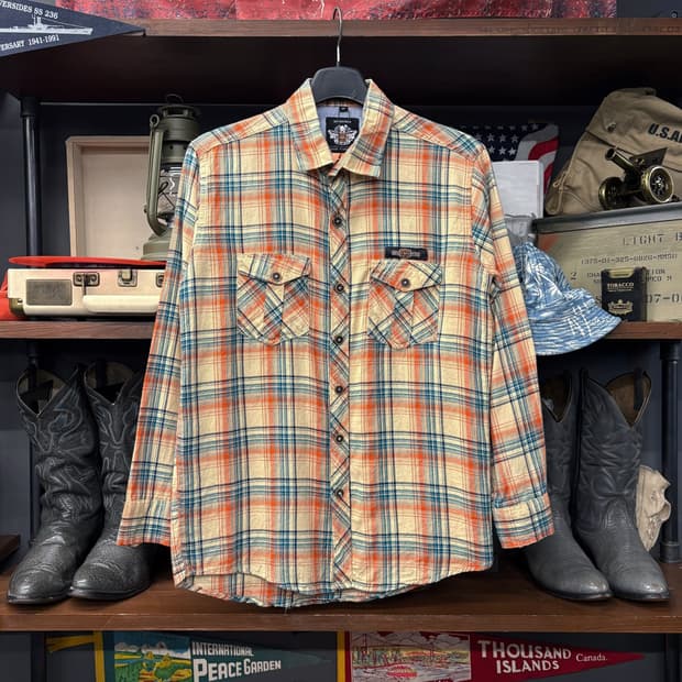 10s 할리데이비슨 슬림핏 오렌지체크 플란넬 워크셔츠 바앤실드 N739