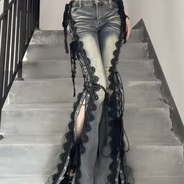 y2k 와투케 빈티지 워싱 레이스 아일렛 부츠컷 데님 팬츠